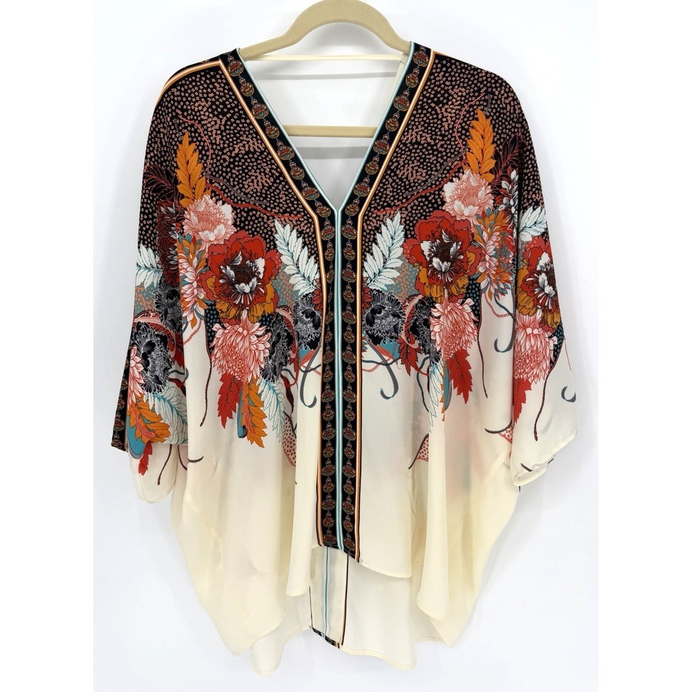 Rose + Olive 1X Floral Caftan Style Top V-Neck‎ Dolman Sleeves Boho Resort Chic